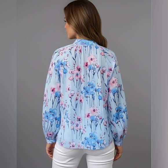 Blue Boho Floral Print Button Down Pleated Shirt - Picture 4 of 5